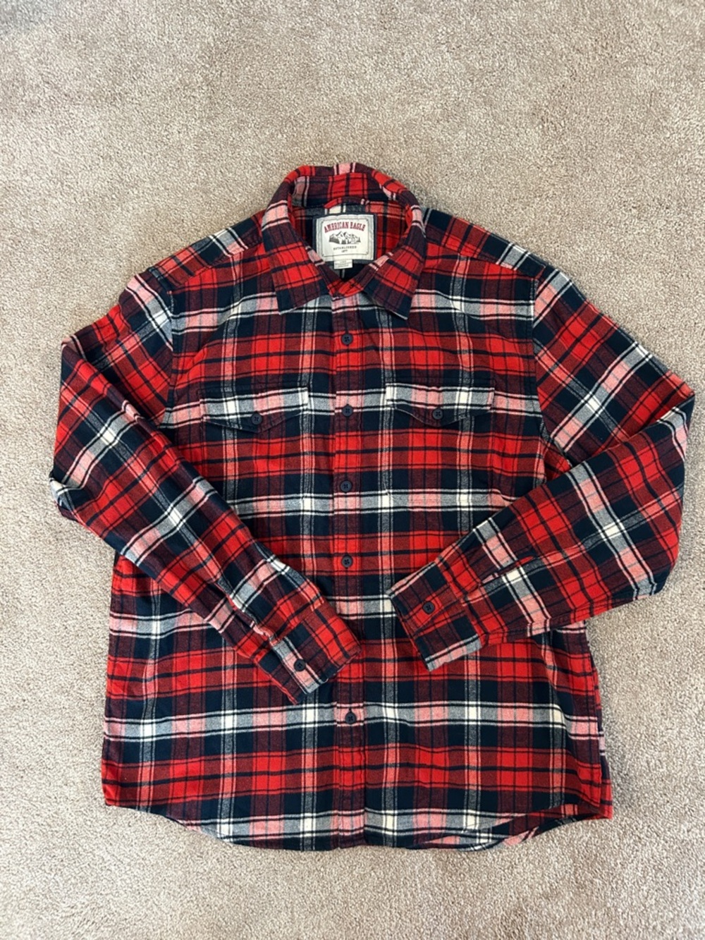AE American Eagle Orange and Navy Plaid Button-Up Flannel Shirt